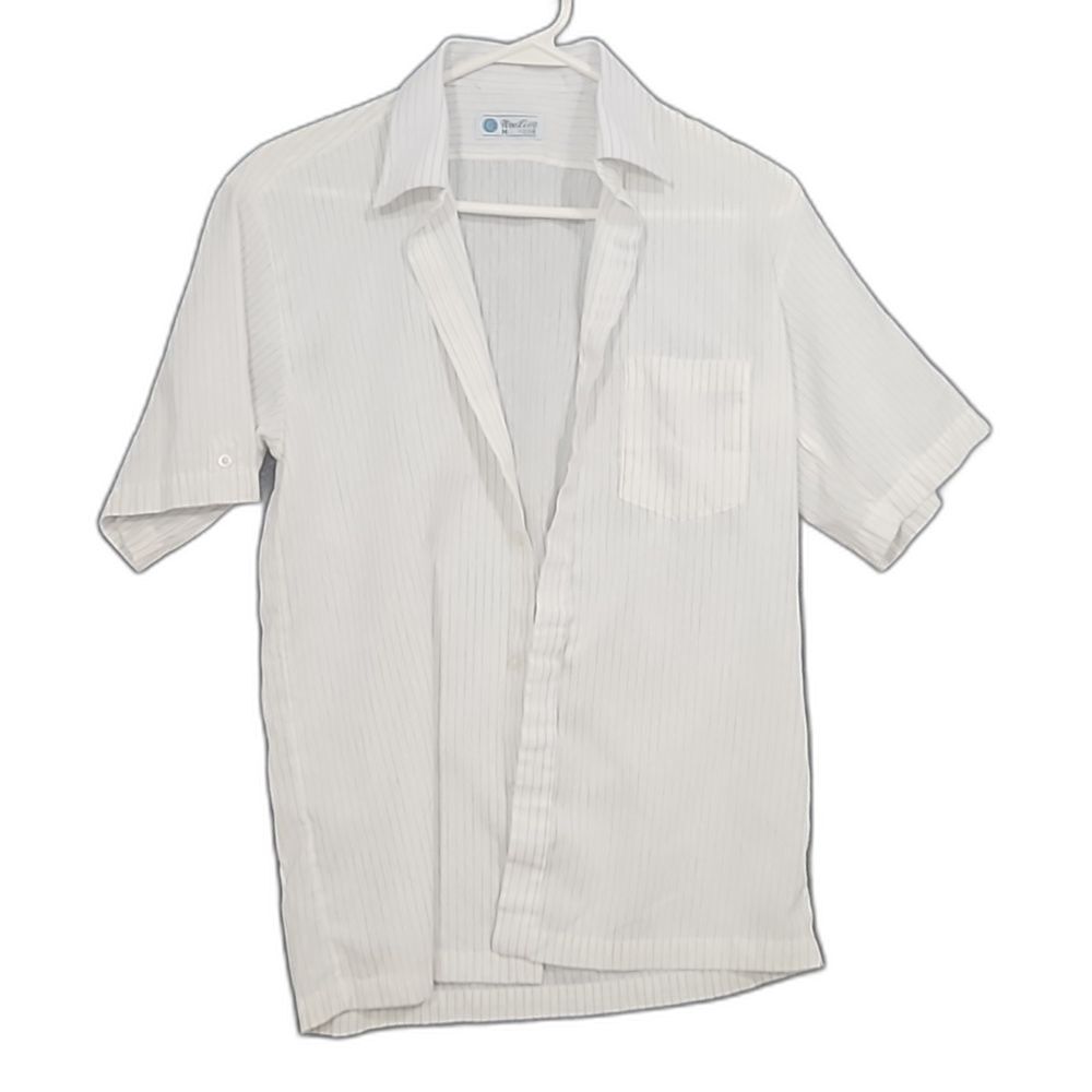 Woo Lim Size Medium Men's Dress Shirt Cream with Brown Pinstripes